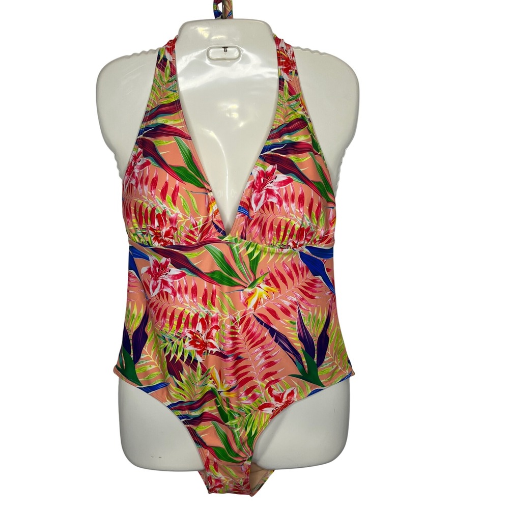 Breeza One Piece‎ Swimsuit Tropical Print Halter Neck Size 14, NWOT